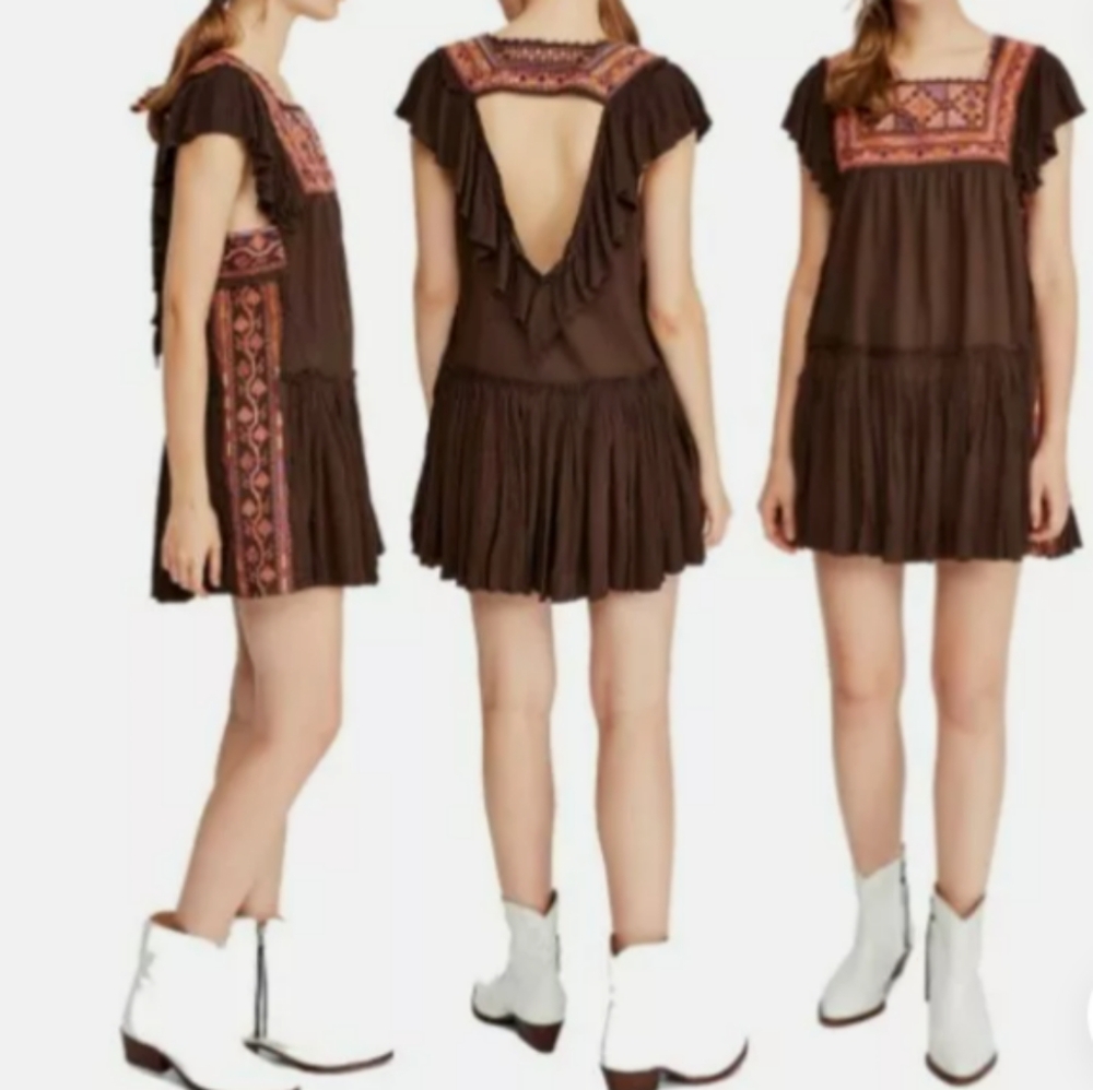 FREE PEOPLE Day Glow Mini Dress In Brown Combo M